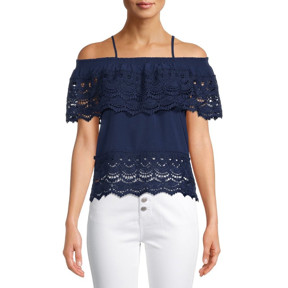 Navy Blue Woven Flowy Off Shoulder Top Size XS (Juniors 1) NWOT